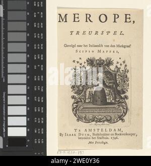 Page de titre pour : Merope, Treurspel. Amsterdam : 1746, Andries van Buysen (Sr.), 1746 imprimer page de titre avec texte et vignette : en plus d'une grande ruche, il y a deux orphelins et un pauvre vieil homme. Les abeilles sont très occupées. Au-dessus d'eux, Apollo flotte dans sa voiture solaire. Avec un cadre de feuilles de vignes décorées avec l'arme de la ville d'Amsterdam. Gravure sur papier Amsterdam / impression typographique Bee-Hive. mendiant. orphelins. Apollon dans le char du soleil, tiré par quatre chevaux, généralement précédé par Aurora tenant une torche ; 'Carro del Sole' (Ripa) Amsterdam Banque D'Images
