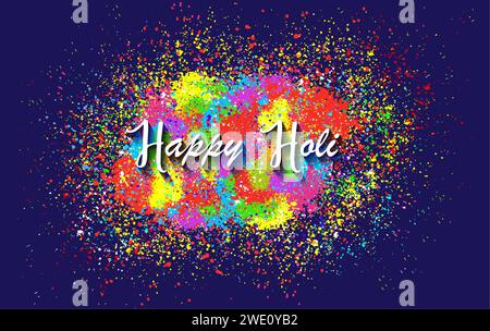 Happy Holi Indian Festival Banner, gulaal coloré, couleur poudre, carte de fête avec motif d'explosion coloré et cristaux sur papier multimoteurs Illustration de Vecteur