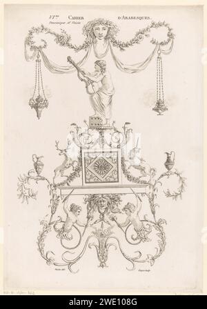 Arabesken et femme à l'instrument à cordes, Laurent Guyot, d'après François voisin, 1810 imprimer Une femme à l'instrument à cordes se tient sur un dé. Elle est entourée de deux vaisseaux fumants, d'un visage et de guirlandes. La femme se tient sur un piédestal d'arabesken avec un cerf, une licorne et des vases. Sur le dessous, des arabesques entourent une tête de méduse et deux demi-figures avec des torches. ornement gravure papier  arabesque. Figure debout - AA - figure humaine féminine. instruments à cordes (plumés) Banque D'Images