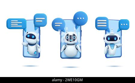 bot de chat 3d. Robot ai avec des bulles de parole sur l'écran du smartphone, icône de chatbot artificiel, support de service client gpt, les informaticiens rendent des éléments isolés. Concept de technologie d'illustration vectorielle Illustration de Vecteur