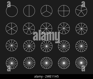 Le cercle se divise en parties de 1 à 20. Formes rondes coupant sur des tranches égales. Ensemble de graphiques à secteurs blancs. Beignet, pizza ou modèles de graphique à secteurs isolés sur fond noir. Illustration vectorielle Illustration de Vecteur