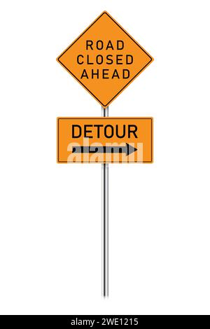 route fermée, panneau de détour sur un poteau. Illustration vectorielle Illustration de Vecteur