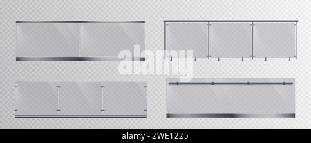 Mains courantes en verre ensemble isolé sur fond transparent. Illustration réaliste vectorielle de barrière en plastique 3D, balustrade d'escaliers pour balcon, maison ou de Illustration de Vecteur