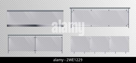 Mains courantes en verre ensemble isolé sur fond transparent. Illustration réaliste vectorielle de barrière en plastique 3D, balustrade d'escaliers pour balcon, maison ou de Illustration de Vecteur