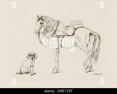 Cheval sellé et un chien, Hendrik Abraham Klinkhamer, 1841 print Etude d'un cheval sellé avec une bride et un chien assis. Chien de gravure de papier Amsterdam. cheval Banque D'Images