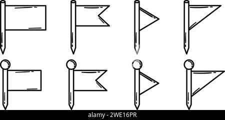 Collection d'épingles de drapeau de position dessinées à la main de style Doodle. Ensemble de marqueurs de navigation uniques pointe pour un design créatif et informatif. Illustration de Vecteur