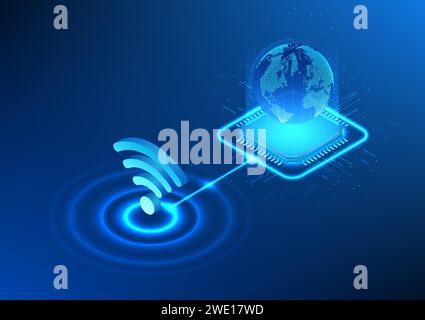 Technologie WiFi avec lignes lumineuses numériques connectées à une micropuce au sommet d'un globe. Affiche le Wi-Fi qui diffuse des signaux Internet et accède aux données cybernétiques Illustration de Vecteur