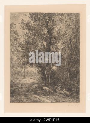 Forêt avec des éleveurs de chèvres au repos, Charles-François Daubigny, 1874 print France papier gravure / forêt de pointes sèches, bois. troupeaux, bergers, bergers, bergers, bergers, bergers, vache, etc. chèvre Banque D'Images