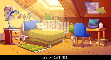 Intérieur de la chambre grenier pour enfants. Illustration de dessin animé vectoriel de la conception de chambre mansardée, lit, lampe sur la table de chevet, ordinateur portable sur le bureau, livres sur l'étagère, Illustration de Vecteur