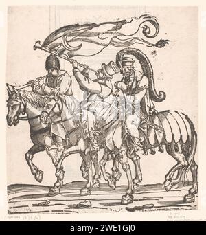 Trois musiciens turcs à cheval, Anonyme, d'après Jan Swart van Groningen, parade militaire sur papier imprimé 1530, concours. Races et peuples asiatiques : Turcs Banque D'Images