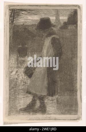 Fille dans la rue, Marinus van der Maarel, 1867 - 1913 imprimer Une fille avec un tablier et un chapeau s'appuie contre un mur. Un chariot se déplace en arrière-plan. papier gravure fille (enfant entre le tout-petit et la jeunesse). Penché vers l'arrière - AA - figure humaine féminine. véhicule à quatre roues, tiré par des animaux, p.ex. cabine, voiture, autocar Banque D'Images