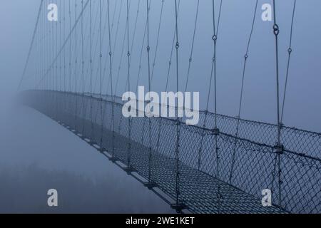 Matin d'hiver brumeux et glacial, pont suspendu. Banque D'Images