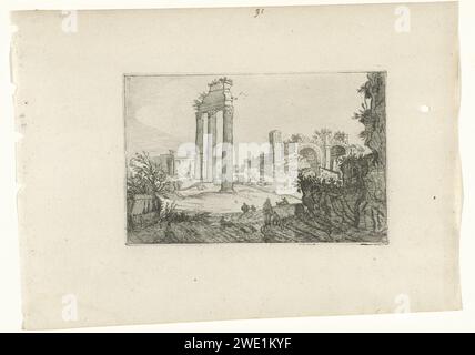 Temple de Castor et Pollux et Basilique de Constantijn, Anonyme, d'après Willem van Nielandt (II), 1594 - 1685 imprimer à gauche les trois colonnes du temple de Castor et Pollux et à droite la Basilique de Constantijn sur le forum Romanum à Rome. Au premier plan quelques chiffres. Print fait partie d'une série de ruines romaines et de paysages côtiers à imprimer par Willem van Nieulandt. Cette série est une copie de la série, que Claes Jansz Visscher a faite à Van Nieulandt. Papier gravure paysage avec ruines Rome Banque D'Images