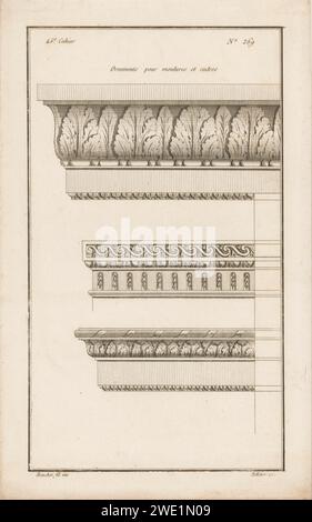 Trois listes, Jean Pelletier, d'après juste Nathan François Boucher, 1772 - 1779 impriment trois cadres avec des motifs de feuilles et des tresses. Impression numéro 269. Paris gravure sur papier / gravure autres détails architecturaux (CORNICHE). feuillage  ornement. entrelacement  ornement Banque D'Images