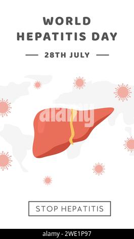 Journée mondiale de l'hépatite. Bannière verticale, publication sur les réseaux sociaux ou modèle d'histoire sur les réseaux sociaux avec carte du monde et foie humain sain attaqué par un virus. Medic Illustration de Vecteur