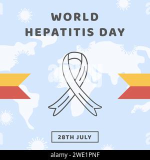 Journée mondiale de l'hépatite. Bannière carrée, publication sur les réseaux sociaux ou modèle d'histoire sur les réseaux sociaux avec carte du monde. Affiche médicale avec rayures rouges et jaunes et ou Illustration de Vecteur