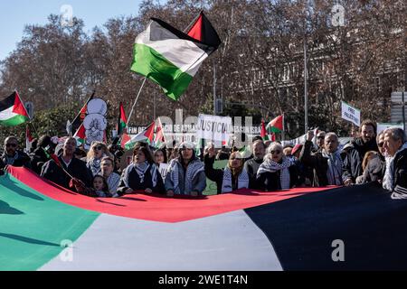 Madrid, Espagne. 20 janvier 2024. Les manifestants tiennent un énorme drapeau palestinien tandis que d'autres tiennent des pancartes exprimant leur opinion lors d'une manifestation. Des milliers de manifestants réclament un cessez-le-feu en Palestine lors d’une manifestation pro-palestinienne à Madrid. (Image de crédit : © Guillermo Gutierrez Carrascal/SOPA Images via ZUMA Press Wire) USAGE ÉDITORIAL SEULEMENT! Non destiné à UN USAGE commercial ! Banque D'Images