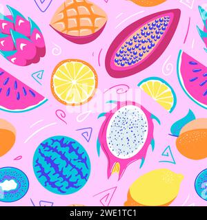 Fruits exotiques tropicaux. Motif sans couture dans le style de bande dessinée. Citron frais, quartiers de citron vert, pastèque, dragon pitahaya, fruit étoilé, papaye, mangue et kiwi. Illustration de Vecteur