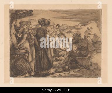 Homme, femme et enfant dans un paysage vallonné, Johannes Josephus Aarts, 1881 - 1934 imprimer un groupe composé d'un homme, de sept femmes et d'un enfant est dans un paysage vallonné. L'une des femmes s'agenouille et tient l'enfant. papier décapage bas pays de colline. Figure agenouillée - AA - figure humaine féminine Banque D'Images