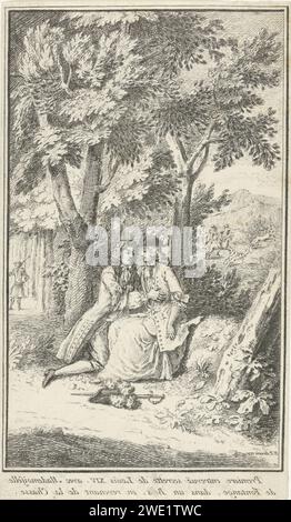 Rencontre entre Lodewijk XIV et la duchesse de Fontange, Bernard Picart (atelier de), 1731 print Louis XIV, roi de France, et Marie Angélique de Scoraille de Roussille, duchesse de Fontanges, se rencontrent secrètement dans la forêt. Laissé en arrière-plan un spectacle de cerfs. Dans la marge une légende bidirectionnelle en français en image miroir. Chasse au cerf-proof en papier Amsterdam. courtiser Banque D'Images