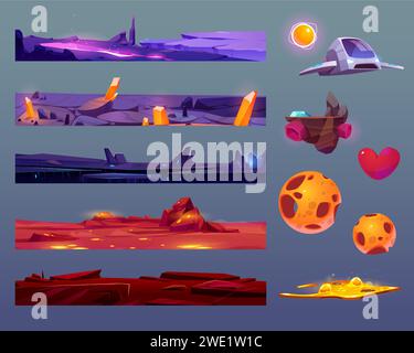 Ensemble de couches de sol de jeu spatial et des actifs isolés sur l'arrière-plan. Illustration de dessin animé vectoriel de couches de sol sans soudure, surface rocheuse avec substance néon dans les fissures, désert avec des cristaux, vaisseau spatial Illustration de Vecteur