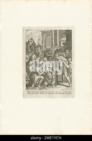 Adoration des rois, Johann Sadeler (I), d'après Maerten de vos, 1581 imprimer les trois rois se courbent devant l'enfant Chistus. Tous les trois ont des cadeaux. L'impression a une citation latine de la Bible comme légende et est la sixième impression d'une série de douze parties sur la naissance et les premières années de Christ. Gravure sur papier Cologne adoration des rois : les Sages présentent leurs dons au Christ-enfant (or, encens et myrrhe) Banque D'Images