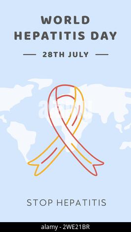 Journée mondiale de l'hépatite. Bannière verticale, publication sur les réseaux sociaux ou modèle d'histoire sur les réseaux sociaux avec carte du monde. Affiche médicale avec côtes rouges et jaunes Illustration de Vecteur