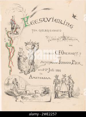 Annonce de la fête de mariage, Theo van Hoytema, 1890 print annonce de la fête de mariage de M. Overhoff et Mlle Piek. A gauche une femme avec un panier et un homme avec un plateau au-dessus de la tête. En bas à gauche une paire de baisers ; en bas à droite trois figures chantantes. papier. aquarelle (peinture) s'embrassant, s'embrassant. membres de la fête nuptiale. fête de mariage, repas de mariage. oiseaux chanteurs : avaler Banque D'Images