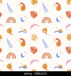 Bohemian Tropical Summer Seamless Pattern avec des éléments géométriques abstraits et des palmiers floraux tropicaux dans des couleurs vives. Doodle dessiné à la main bohème tendance Illustration de Vecteur