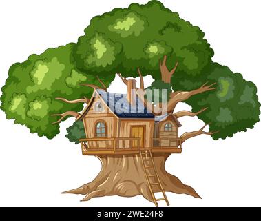 Illustration d'une cabane dans l'arbre confortable parmi le feuillage vert Illustration de Vecteur