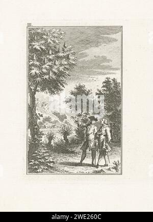 Deux messieurs regardent un arbre, Simon Fokke, 1722 - 1784 imprimer deux messieurs se tiennent toujours devant un arbre que l'un d'eux indique. Depuis le sentier de randonnée, il y a une vue sur l'eau et la rive avec des maisons de l'autre côté de la rue. Impression marquée en haut à gauche : iii. Amsterdam papier gravure des arbres. paysages avec eaux, paysages aquatiques, paysages marins (dans la zone tempérée). loisirs en plein air Banque D'Images