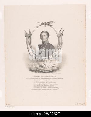 Portrait de Jan Carel Josephus van Speijk, Joannes Antonius Augustinus Pluckx, 1831 - 1832 impression dans un cadre avec drapeaux et fusils. En dessous, un bateau qui explose. En bas, un texte néerlandais de huit lignes sur la personne représentée. Personnages historiques du papier d'Amsterdam Banque D'Images