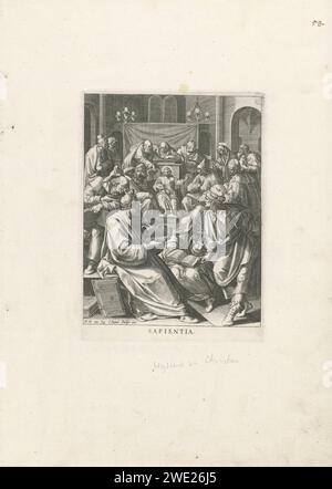 Christ au milieu des enseignants : sagesse, Johann Sadeler (I), après Maerten de vos, 1585 - 1588 imprimer le Christ de douze ans entre les scribes dans le temple. La troisième impression d'une série de huit parties avec des scènes de la vie du Christ qui dépeignent ses vertus les plus importantes. München papier gravé sur papier la dispute du Christ avec les médecins dans le temple ; il compte ses arguments sur ses doigts. Sagesse, 'Sapientia'  l'un des sept dons de l'âme Banque D'Images