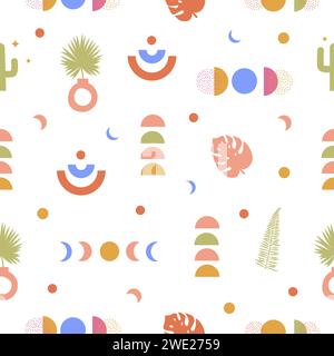 Bohemian Tropical Summer Seamless Pattern avec des éléments géométriques abstraits, lune et feuille de palmier floral tropical dans des couleurs vives. Formes Boho tendance en Illustration de Vecteur