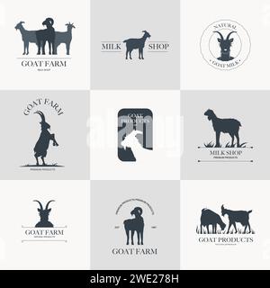 Logo des produits laitiers de chèvre. Yogourt au fromage au lait, produits laitiers entiers biologiques frais dans des récipients en carton, icônes laitières pour la conception d'emballages. Vecteur Illustration de Vecteur