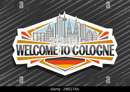 Logo vectoriel pour Cologne, étiquette décorative blanche avec illustration de contour du paysage européen de la ville de cologne sur fond de ciel de jour, refrig de conception de dessin de ligne Illustration de Vecteur