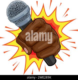 Microphone poing explosion main Pop Art dessin animé Illustration de Vecteur