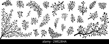 Ensemble de branches silhouette à fleurs printanières. Icônes minimalistes de plantes à fleurs dessinées à la main en noir et blanc. Élément de conception moderne minimal pour les cartes de vœux, Illustration de Vecteur