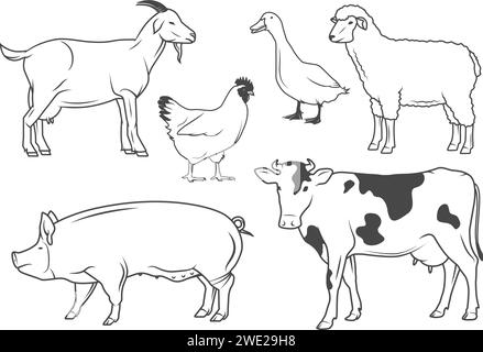 Animaux de ferme, bétail. Ensemble d'illustrations monochromes en ligne Illustration de Vecteur