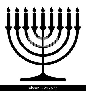 Hanukkah menorah, illustration de silhouette vectorielle en noir et blanc de hanukkiah candélabre à neuf branches avec des bougies Illustration de Vecteur