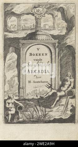 Dieux du fleuve près d'un temple, Hendrik Jacobsz Soeteboom, 1658 imprimer le dieu du fleuve du Rhin est assis dans un temple dans une grotte dans laquelle le titre et l'auteur du livre sont affichés. Au premier plan se trouve la déesse de la rivière du Zaan. En haut un aperçu d'une ville en arrière-plan. Imprimeur : Zaanda Editeur : Amsterdam papier gravure / gravure rivière personnifié : Rhin. rivière personnifiée, 'Fiumi' (Ripa) Zaan. Rhin Banque D'Images