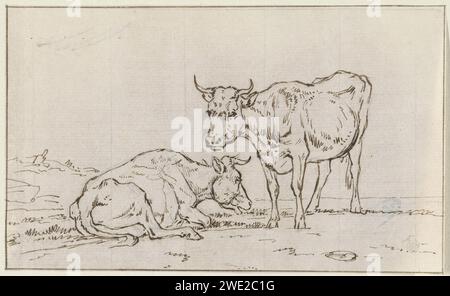 Vaches dans un paysage, Jan Kobell (II), 1788 - 1814 exemplaires. Dessiner Une vache horizontale et une vache debout à une clôture délabrée. Une troisième vache broute en arrière-plan et les contours d'une tour d'église peuvent être vus vache en papier Banque D'Images