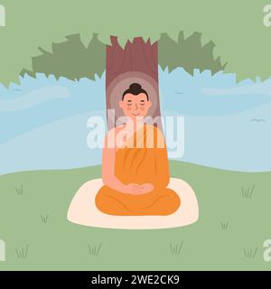 Mignon Seigneur Bouddha paisible en robe jaune méditant sous Bodhi Tree en posture de lotus avec les yeux fermés et la lumière. Professeur religieux bouddhiste ou Dieu. F Illustration de Vecteur