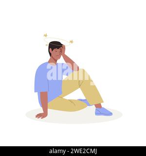 Jeune homme assis sur le sol avec une blessure à la tête après une chute accidentelle. Illustration vectorielle plate de caractère masculin Illustration de Vecteur