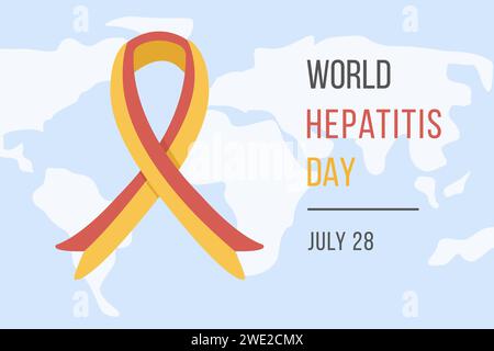 Journée mondiale de l'hépatite le 28 juillet. Bannière avec ruban rouge et jaune sur la carte du monde. Affiche médicale pour hépatite virale. Illustration vectorielle à plat Illustration de Vecteur