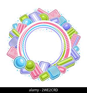 Cadre vectoriel pour Bubble Gum avec espace de copie pour le texte de l'annonce, panneau décoratif avec dessin animé gommes bubble yummy vives, disposition de cercle avec groupe de Illustration de Vecteur