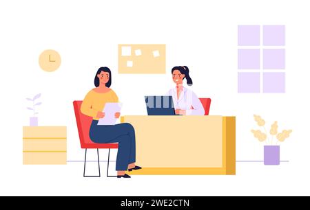 Employés et clients des services bancaires. Client de dessin animé venant au bureau avec des documents. Personnage féminin assis au bureau Illustration de Vecteur