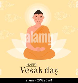 Carte vectorielle Happy Vesak Day. Traduction du Festival sanskrit de Gautama naissance, mort, Paranirvana. Seigneur Bouddha assis sur le siège de lotus avec des rayons de Illustration de Vecteur