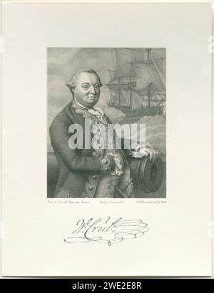 Portrait de Willem Crul, Frederik Hendrik Weissenbruch, d'après Robbert Muys, d'après Daniël Heinsius, 1822 - 1863 estampe Willem Crul à un canon avec un voilier en arrière-plan. Sous le portrait un fac-similé de la signature de la personne représentée. Les personnages historiques du papier de la Haye. navires (en général). armes à feu : canon Banque D'Images