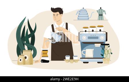 Barista préparant le café. Ouvrier de café de dessin animé préparant le café dans le café avec machine à café, barista faisant le café filtré. Jeu de vecteurs Illustration de Vecteur